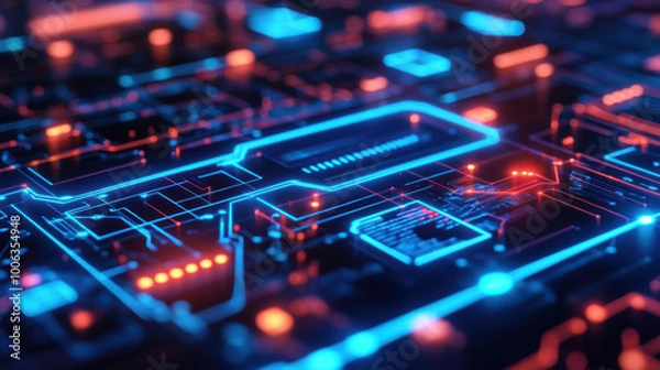 Fototapeta digital interface with glowing blue data pathways, showcasing intricate circuitry and vibrant colors. image evokes sense of advanced technology and innovation