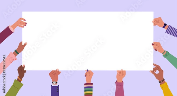 Obraz Diverse multiracial hands holding long blank banner. Hand drawn vector illustration isolated on purple background. Modern flat cartoon style.