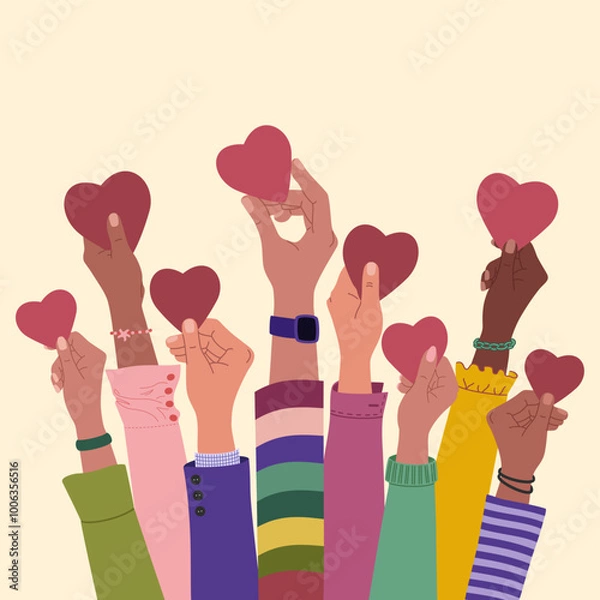 Obraz Group of multiracial hands raised up holding hearts. Volunteering, charity, donation concept. Hand drawn vector vector illustration isolated on light background. Modern flat cartoon style.