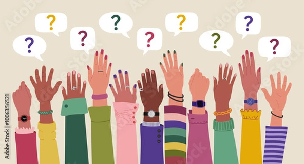 Obraz Group of multiracial peoples hands raised up and speech bubbles with questions marks. FAQ and questions concept. Hand drawn vector vector illustration isolated on light background, flat cartoon style.