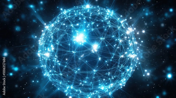 Fototapeta network of glowing lines forms sphere, representing connectivity and technology. vibrant blue lights create mesmerizing visual effect, evoking sense of innovation and digital advancement