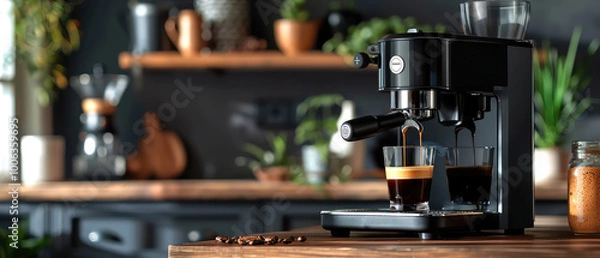 Obraz Close-up of coffee brewing at coffee machine on the cozy modern kitchen. Pouring espresso. Coffee shop, caffe illustration. Generative ai