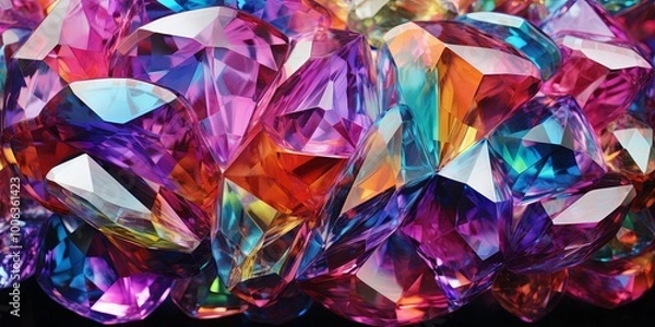 Fototapeta A mesmerizing cluster of iridescent crystals, showcasing a symphony of vibrant hues and captivating geometric patterns