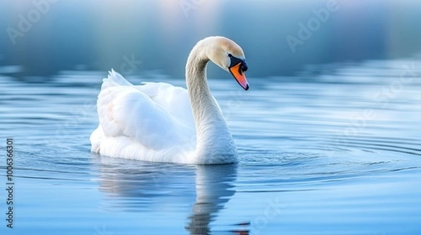 Obraz A graceful white swan glides through the calm blue water, its reflection mirroring its beauty.
