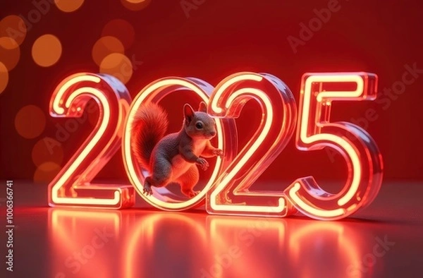 Fototapeta Number (digit) 2025 represents the happy year 2025 in a minimalistic style, digits 3D rendered from glass elements, warm neon light inside the digits. Numbers on red background, festive bokeh in blur