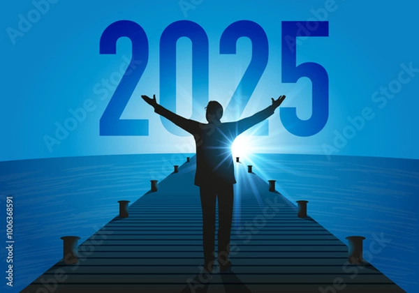 Fototapeta Carte de vœux 2025 sous le signe de l’espoir, avec un homme d’affaire optimiste, qui lève les bras vers une nouvelle année qui annonce une reprise économique.