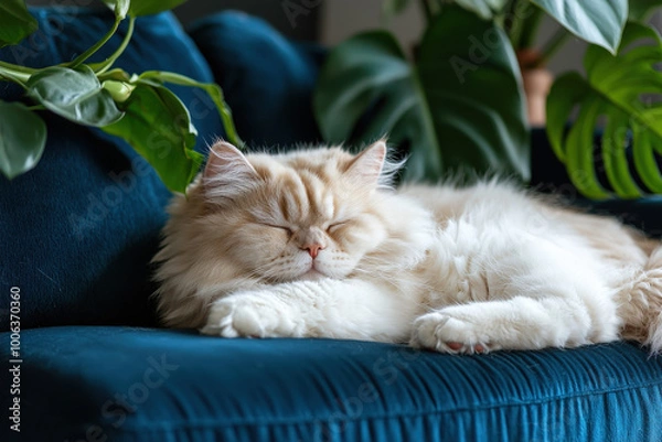 Obraz Fluffy Persian cat sleeping peacefully on deep blue sofa surrounded by lush green plants, creating serene and cozy atmosphere