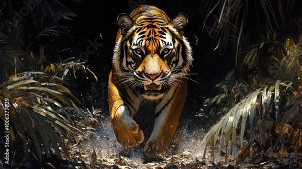 Fototapeta A fierce tiger running through a dense jungle environment.