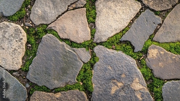 Fototapeta Close-up of pavement stones with green moss growing in between, illustrating the beauty of nature reclaiming urban spaces.