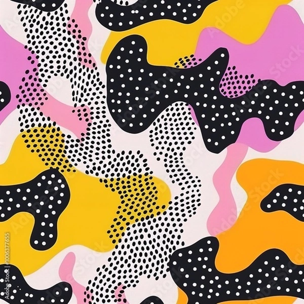 Fototapeta Modern trendy creative memphis and biological patterns with dots and irregular squiggle lines texture