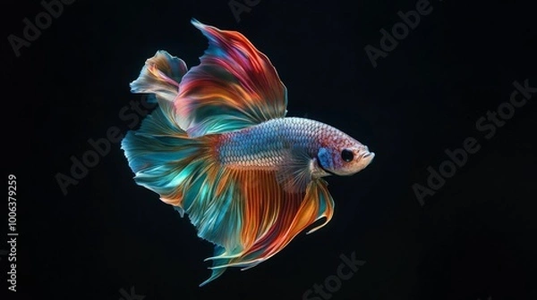 Fototapeta A vibrant betta fish displays stunning colors and flowing fins against a dark background, creating a mesmerizing underwater scene.