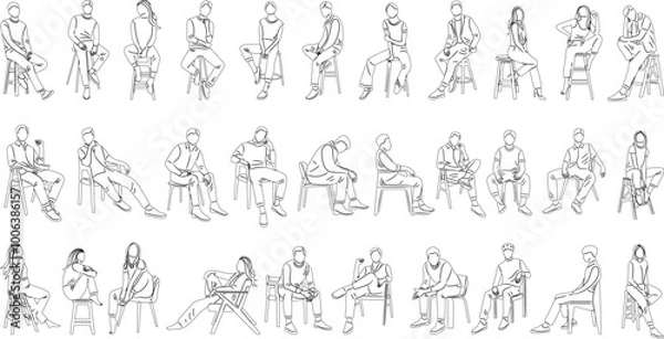Obraz set of people sitting sketch on white background, vector