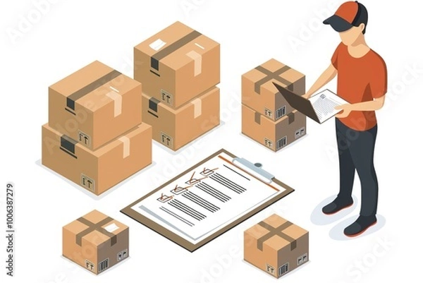 Fototapeta Logistic man boxes and checklist, isometric style