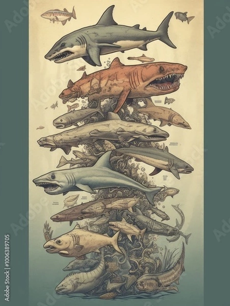 Fototapeta Illustration of various shark species arranged vertically.