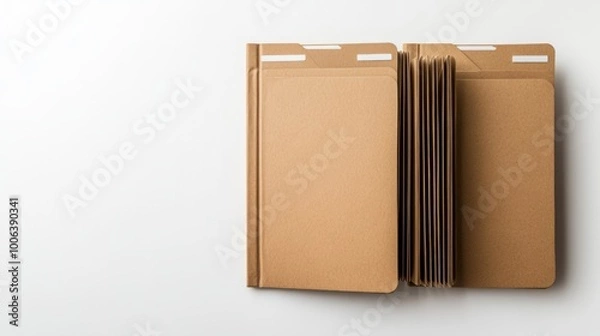 Fototapeta A set of three eco-friendly folders made from recycled materials, standing out against a crisp white background, promoting sustainability
