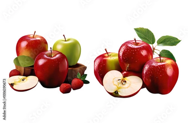 Fototapeta Six Apples Arranged A Minimalist Display on Wooden Surface with Varied Hues—fresh Red Apples with Dewdrops and Leaves on a Reflective Surface, Elevating Their Vibrant Appeal.