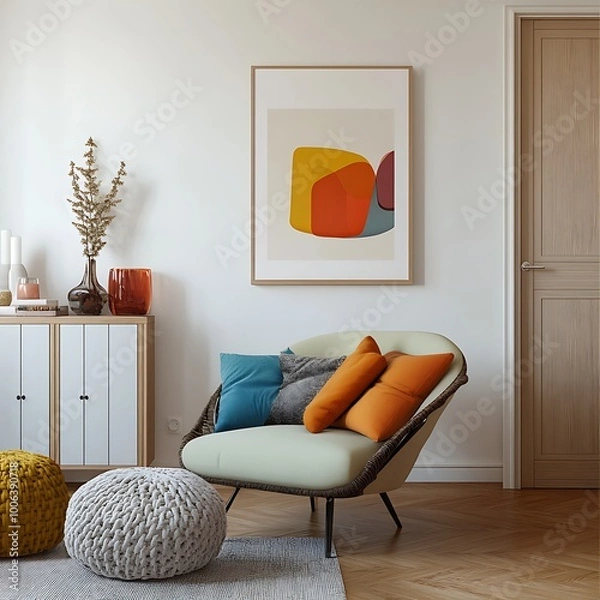 Fototapeta  Stylish living room with a mid-century modern chair, colorful pillows, and a unique knot cushion, creating a cozy and contemporary space. Mock up poster. 