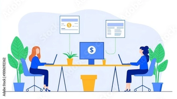 Fototapeta Vector illustrations for business finance, showcasing financial administration concepts, office teamwork, cover designs, banners, posters, and brochures for professional use