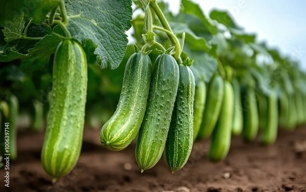 Obraz Fresh cucumber plants flourish in a greenhouse, displaying an abundance of hanging fruits and vibrant green leaves, basking under a bright blue sky during the growing season.