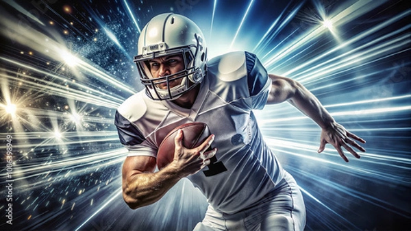 Fototapeta  American football player running with ball in dramatic lighting