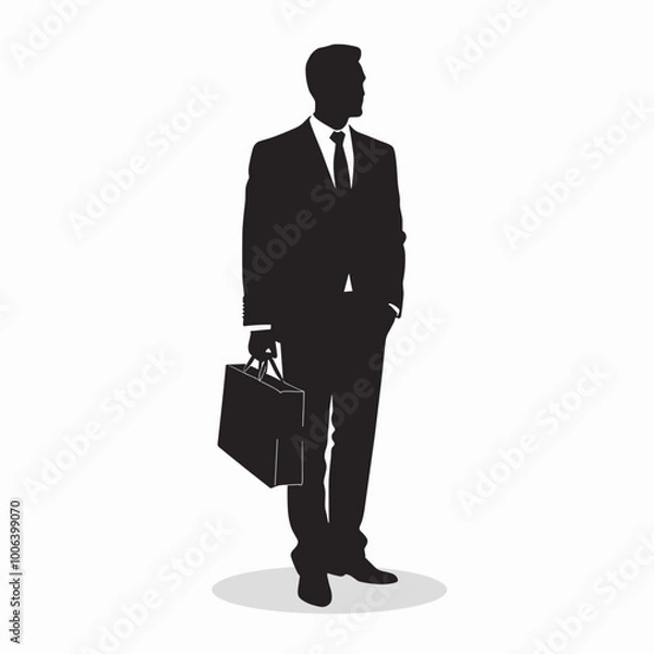 Fototapeta Silhouette of a man in a business suit holding a briefcase against a white background.