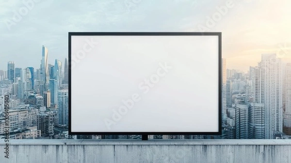 Fototapeta Billboard ad seen from above on a skyscraper rooftop, massive urban exposure and high visibility, city billboard, advertising