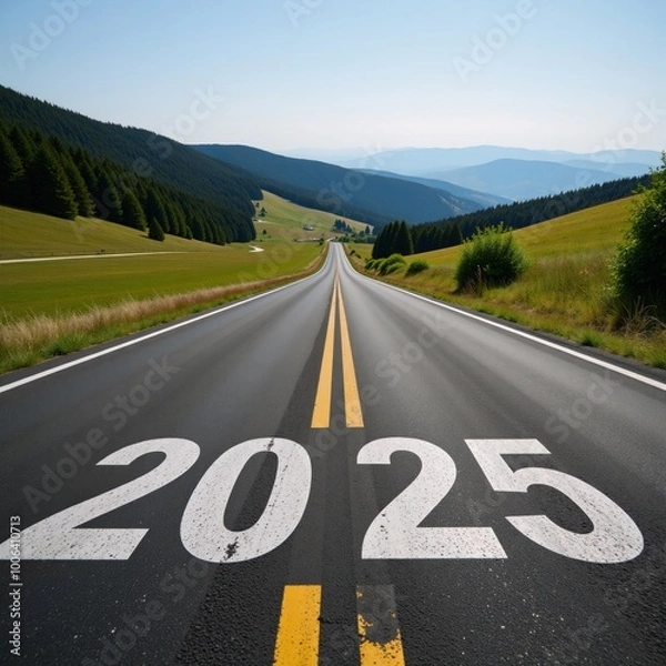Fototapeta Landscape image featuring a highway extending toward the horizon with 2025 written on the pavement symbolizing new beginnings and progression