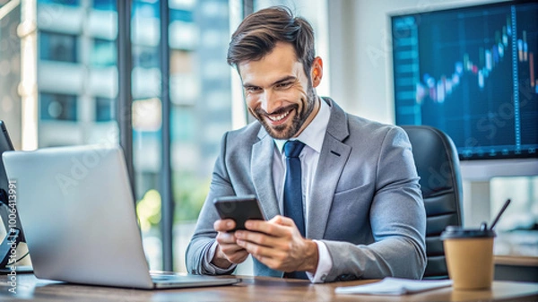 Fototapeta Smiling businessman using phone at modern office