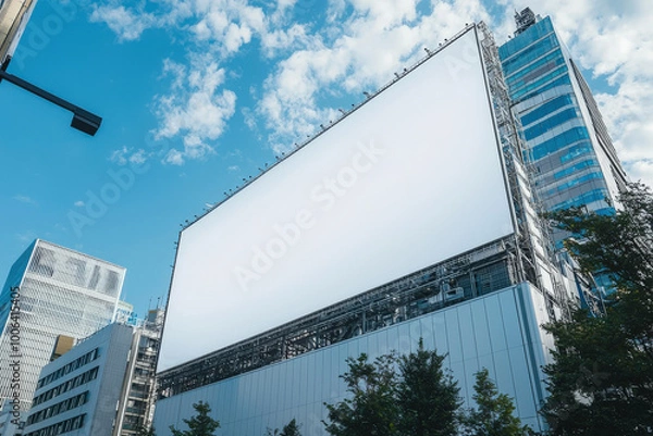 Obraz Empty billboard mockup on tall building against blue sky, showcasing modern urban environment. scene evokes sense of potential and creativity