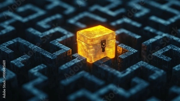 Fototapeta A glowing treasure chest hovering in the center of a complex maze, the value proposition as the ultimate reward for navigating challenges in business or life