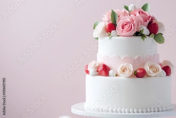 Obraz Beautiful wedding cake with strawberries and roses on a white stand against a pink background