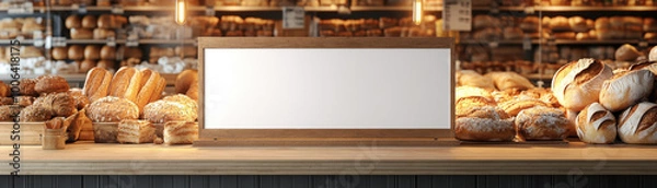 Fototapeta discount grocery signs,  Blank mockup sign positioned near the fresh bakery section of a grocery store, surrounded by delicious bread and pastries, emphasizing a clean and appealing