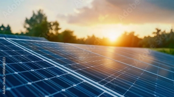 Obraz Close-up of solar panels under the sunset, intricate grid patterns visible, reflection on the glass surface