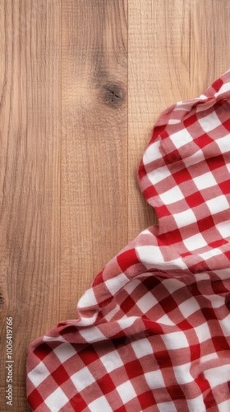 Obraz Red and white checkered tablecloth on a wooden background