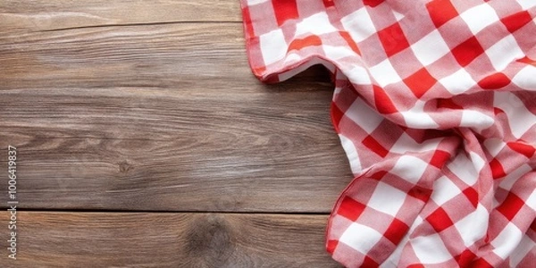 Obraz Red and white checkered tablecloth on a wooden background