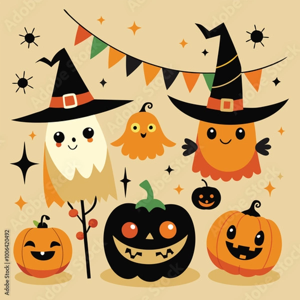 Obraz Halloween Jack-o-Lantern Pumpkins on rustic wooden background