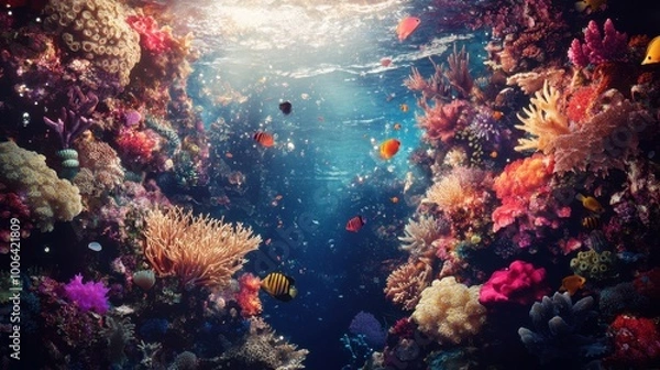 Fototapeta Floating coral reef illuminated by bioluminescent coral, the vibrant colors of underwater life contrast with the surreal white void background. Realistic, very detailed