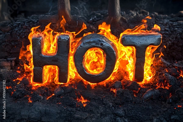 Fototapeta word hot on fire, made out of glowing light red metal