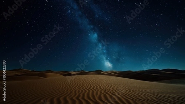 Fototapeta A breathtaking view of the Milky Way arches over serene desert dunes, with starry sky highlights offering a tranquil and awe-inspiring celestial nighttime scene.