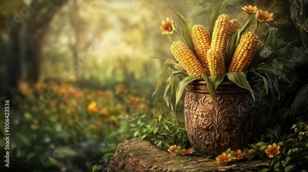Fototapeta Fresh, golden corn arranged in a decorative container, with a lush garden scene softly blurred in the background.