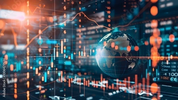 Obraz A digital globe surrounded by glowing graphs and charts, representing global data and financial markets.