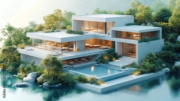 Fototapeta Modern architectural villa with serene surroundings and a pool.
