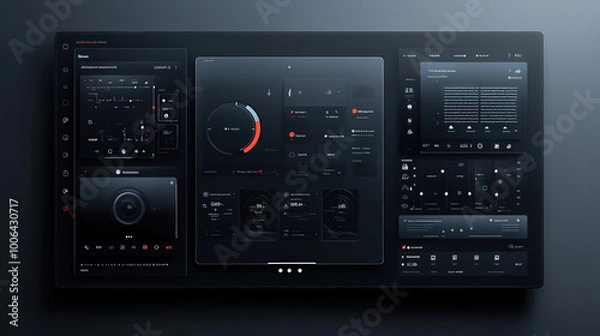 Fototapeta A sleek user interface mockup featuring glassmorphism design elements, showcasing various controls and data displays. modern aesthetic emphasizes functionality and clarity, ideal for tech applications