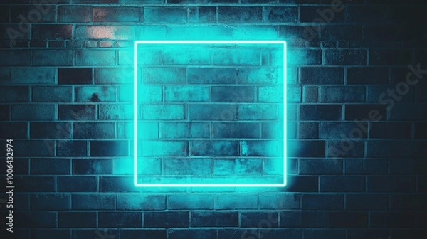 Fototapeta A brick wall with a vibrant turquoise neon frame placed centrally. The neon frame is rectangular in shape and emits a glowing light, creating a striking contrast against the dark brick background.