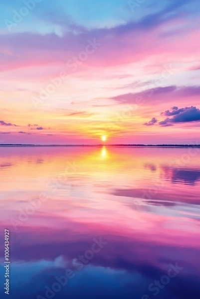 Fototapeta A stunning sunset paints the sky with vibrant colors, reflecting beautifully on the calm water surface below, creating a serene and peaceful atmosphere.