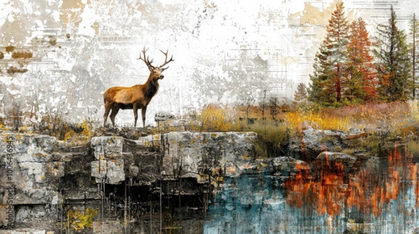 Fototapeta A majestic stag stands on rocky terrain, surrounded by vibrant autumn foliage and serene reflection in water. blend of nature and artistic elements creates captivating scene