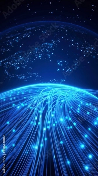Obraz Digital blue light rays of fiber optic cables glowing above the earth, dark background