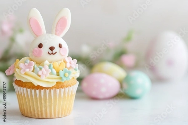 Obraz Easter themed cupcake with a bunny decoration on a white background, Easter eggs beside it, celebrating easter day, 20 april, 2024