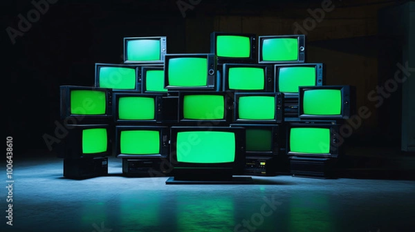 Fototapeta panorama stacks of green screen monitor tvs glowing in empty dark lighting black empty room background, televisions old aged classical monitors device chroma key equipment 3d render composition