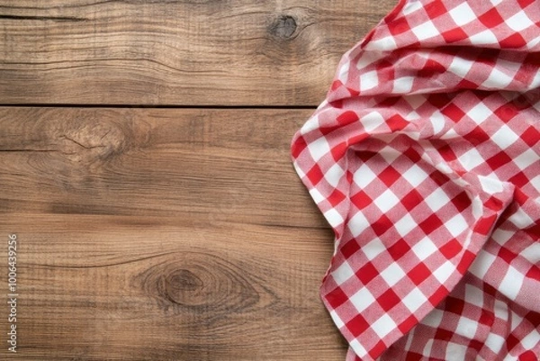 Obraz Red and white checkered tablecloth on a wooden background